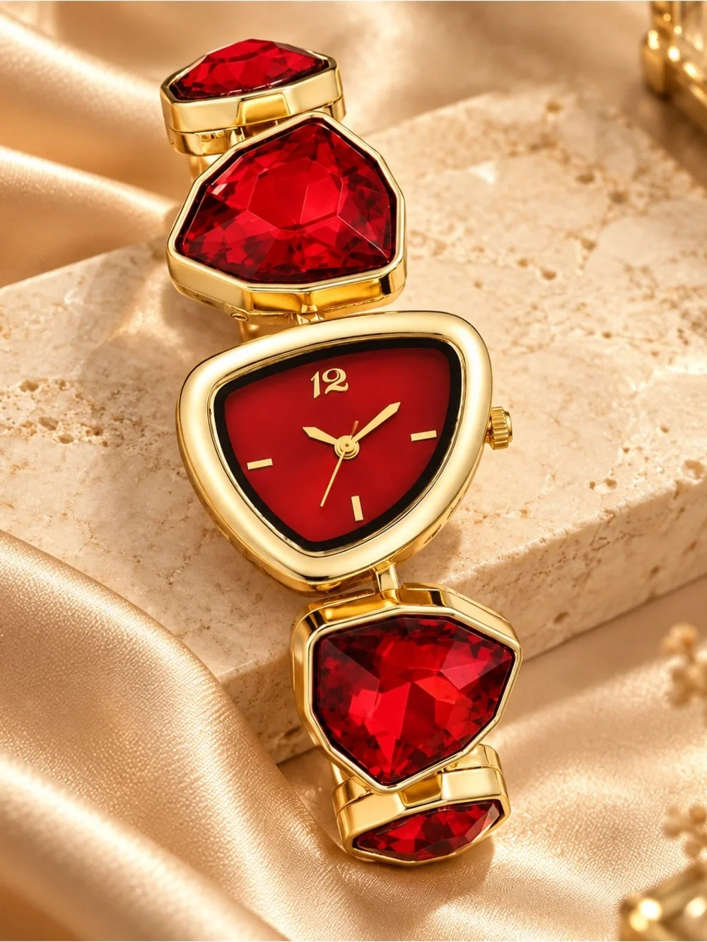 Gold Tone Red Crystal Bracelet Watch Women’s Statement Quartz Jewelry Watch